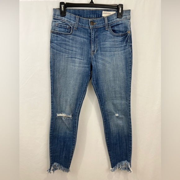 Pistola Distressed Chewed Hem Crop Skinny Blue Jeans - Picture 1 of 8